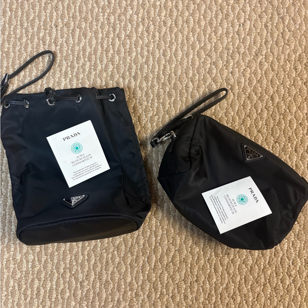 Prada Black Nylon Wristlet Pouch and Drawstring Bag Set